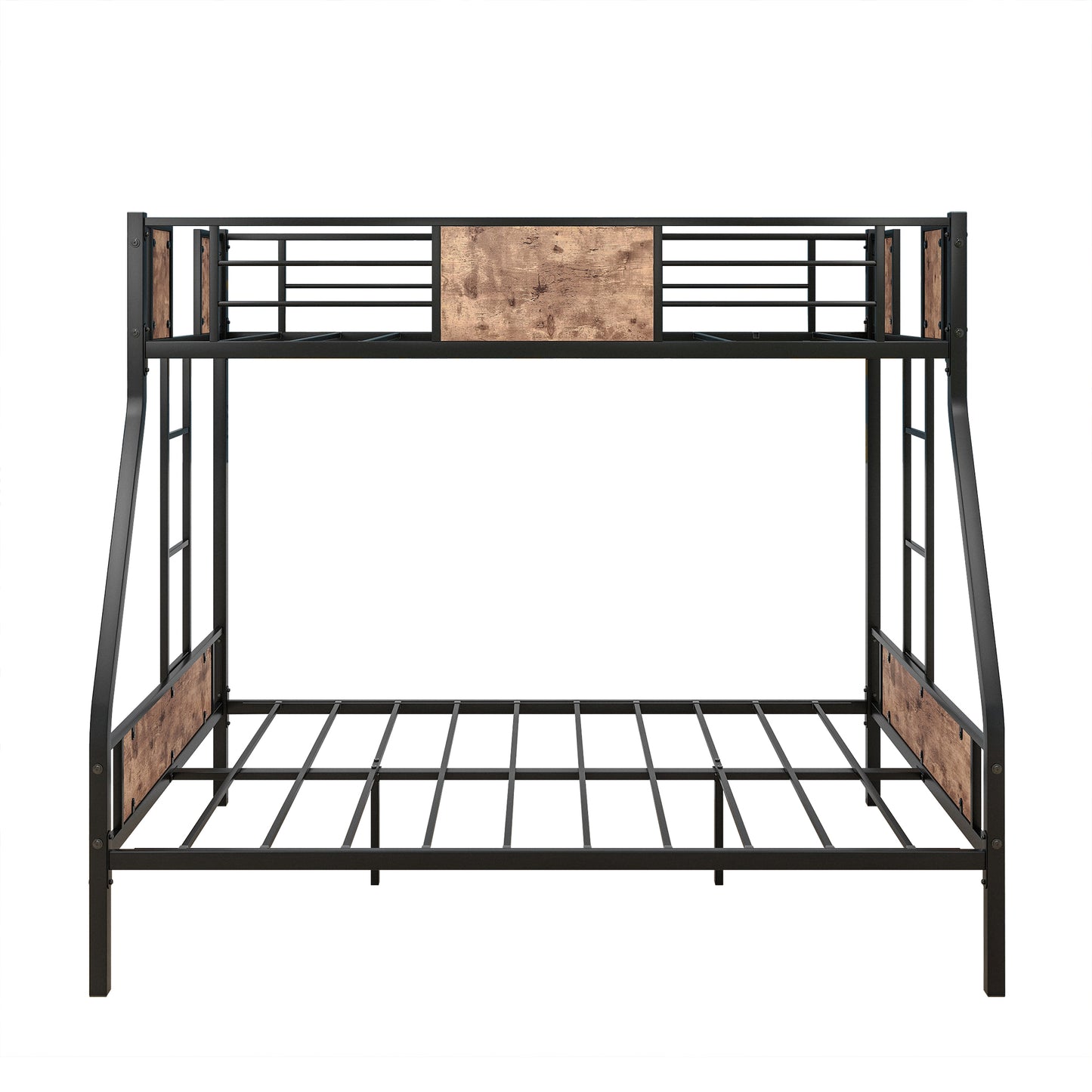 Twin Over Full Metal Bunk Bed Heavy Duty Metal Bed Frame with Safety Rail 2 Side Ladders & Decorative Wood