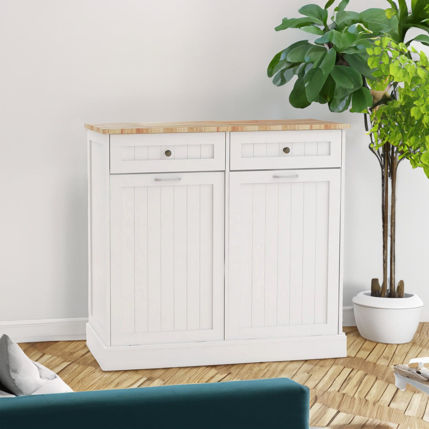 Two Drawers and Two-Compartment Tilt-Out Trash Cabinet Kitchen Trash Cabinet-White