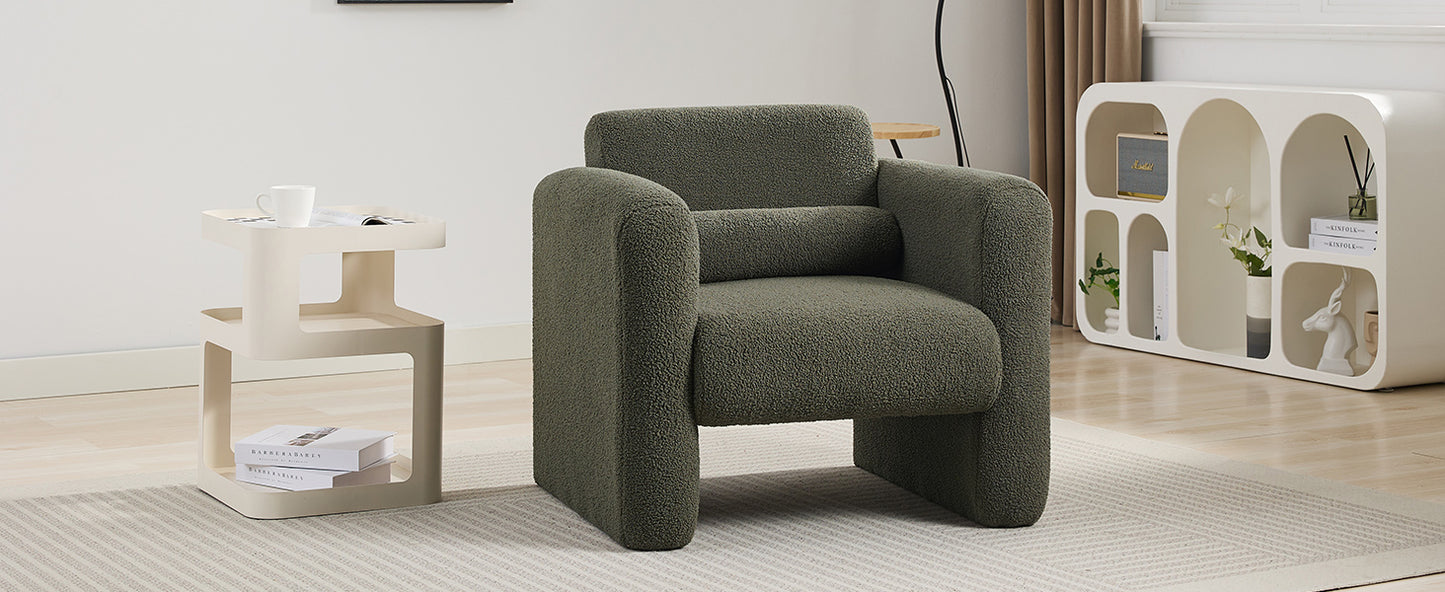 Modern Chair with Sheepskin Sherpa Fabric, Soft Cushion Armchair in Seaweed Green for Living Rooms