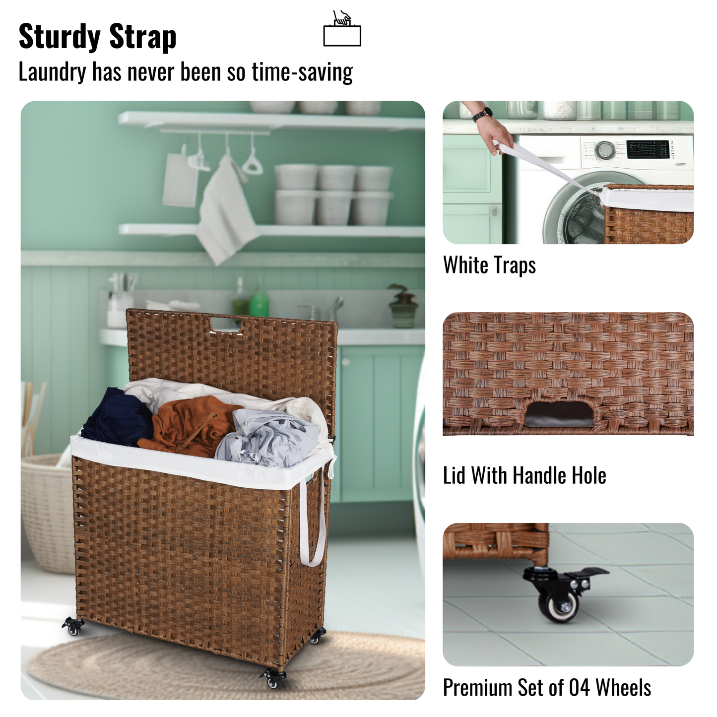 Laundry Hamper With Lid PE Rattan Powder Coating Frame Clothes Hampers with 02 Removable Bags, Wheels, 160L, Brown Color