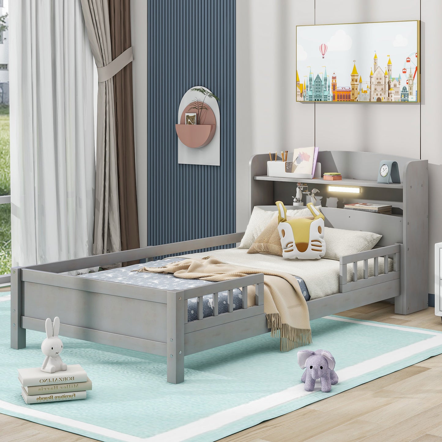 Wood Twin Size Platform Bed with Built-in LED Light  Storage Headboard and Guardrail Antique Grey