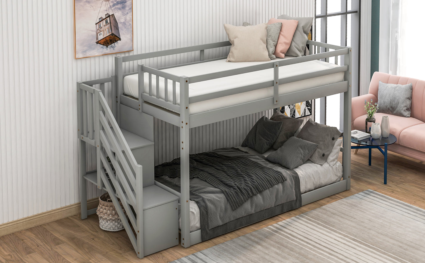 Twin over Twin Floor Bunk Bed, Ladder with Storage  Gray