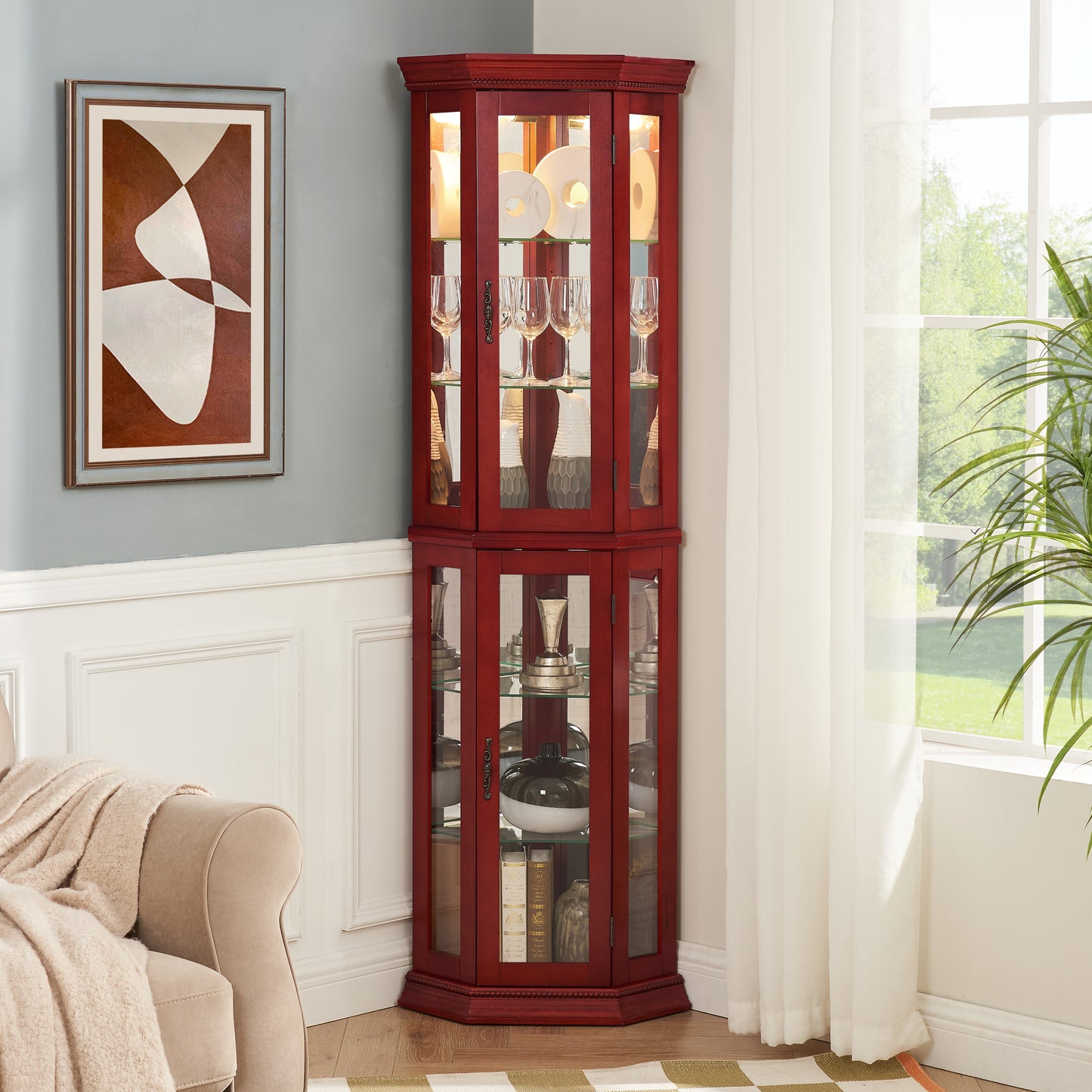 Corner Curio cabinet with illuminated glass display stand and tempered glass door, with adjustable bracket and light bulb