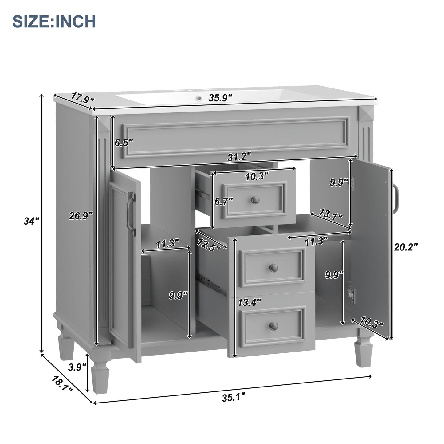 Tocador de baño de 36" con lavabo superior, gabinete de almacenamiento moderno con 2 puertas de cierre suave y 2 cajones