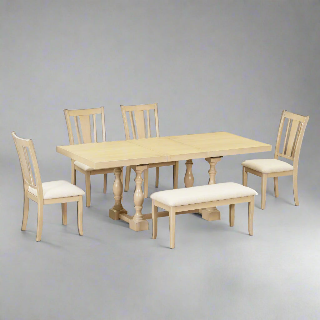 Traditional 6-Piece Trestle Extendable Dining Table Set with Removable Leaf, Padded Chairs, and Bench, Natural Finish