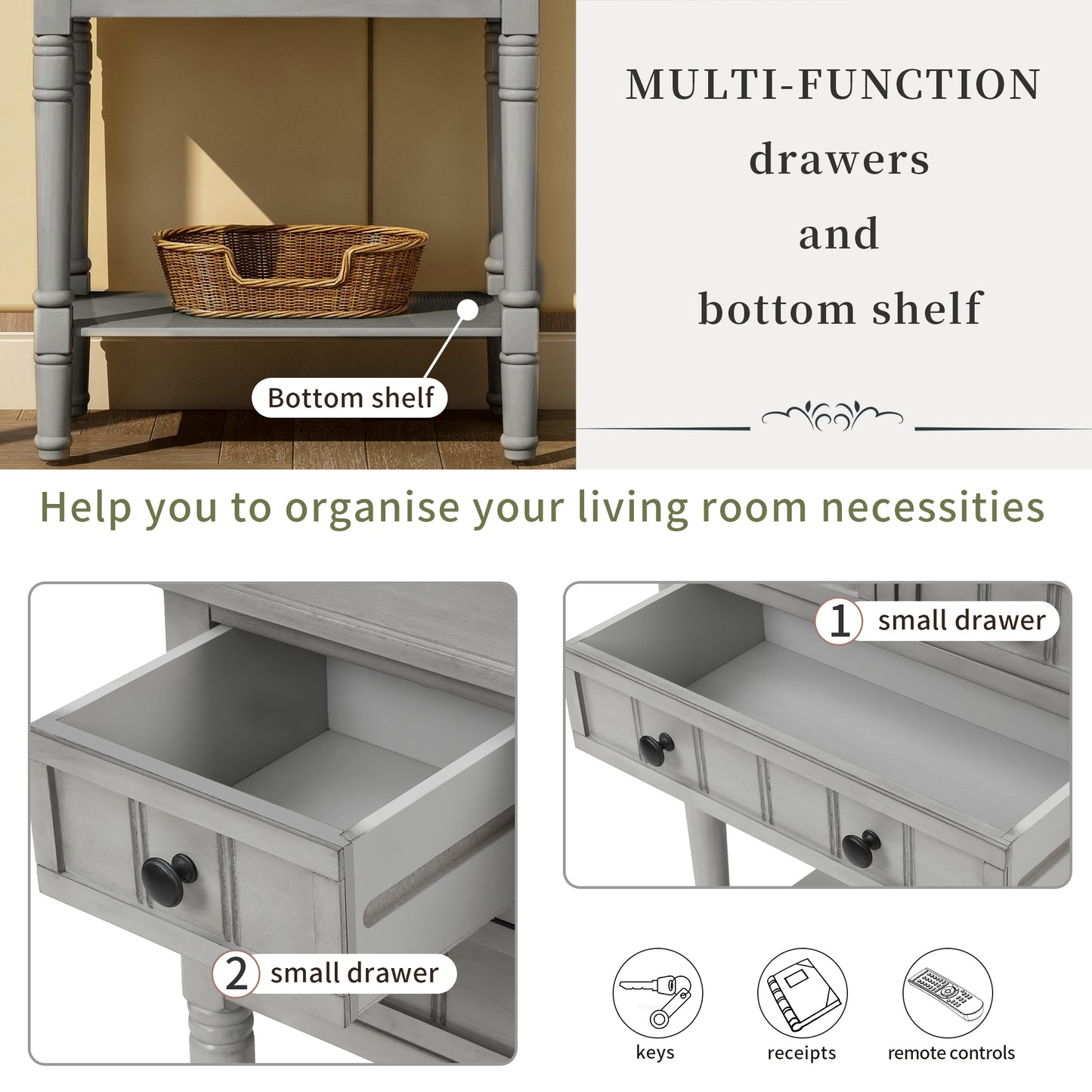 TREXM Narrow Console Desk, Thin Sofa Table with 3 Storage Drawers and Bottom Shelf, Grey Washed Finish