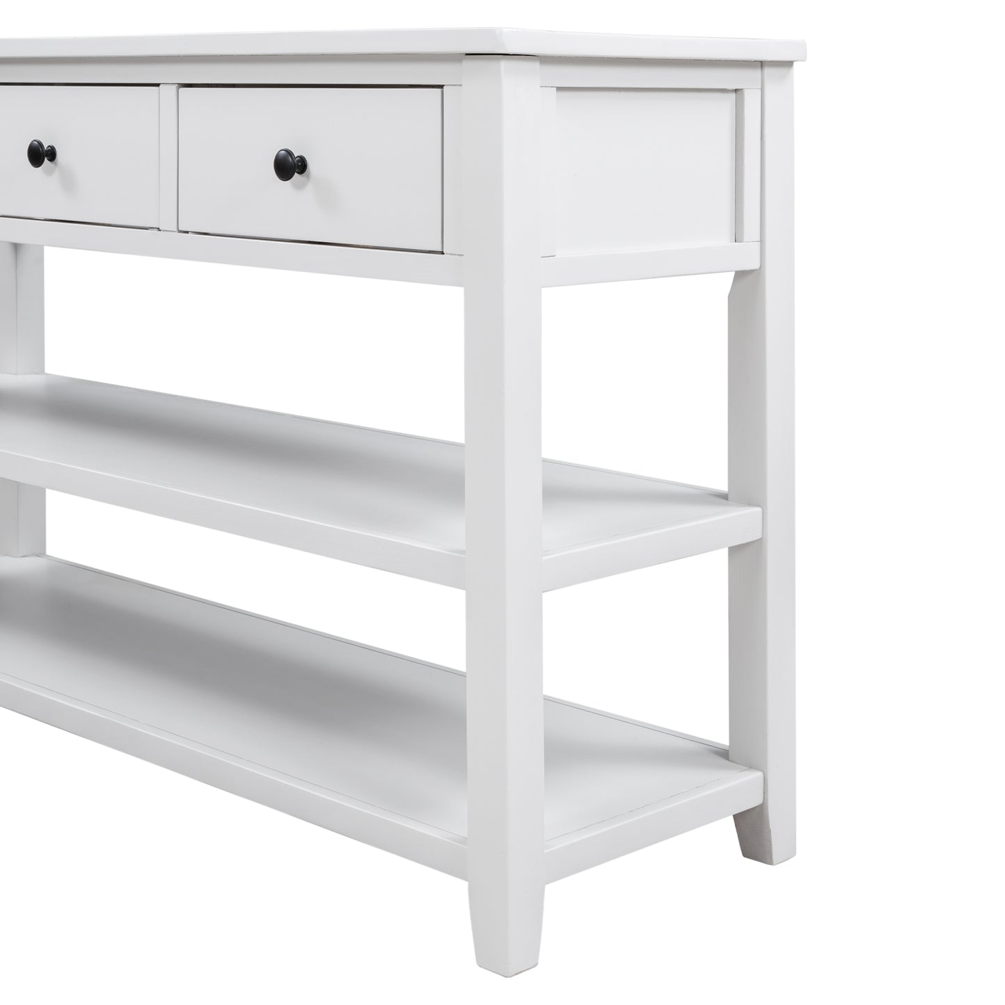 Retro Design Console Table with Two Open Shelves, Pine Solid Wood Frame and Legs, Antique White Finish