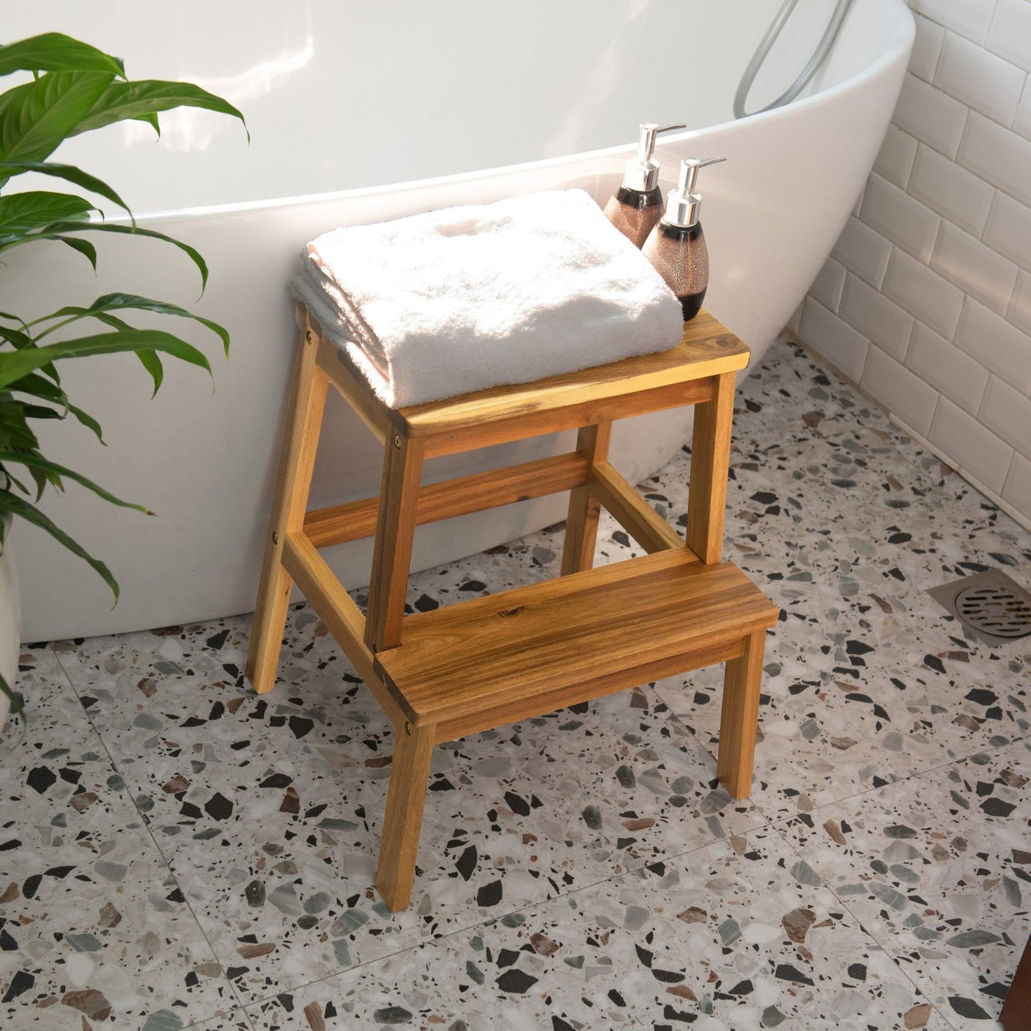 Acacia Wood Two-Step Stool, Small Rectangle Design for Functional Use