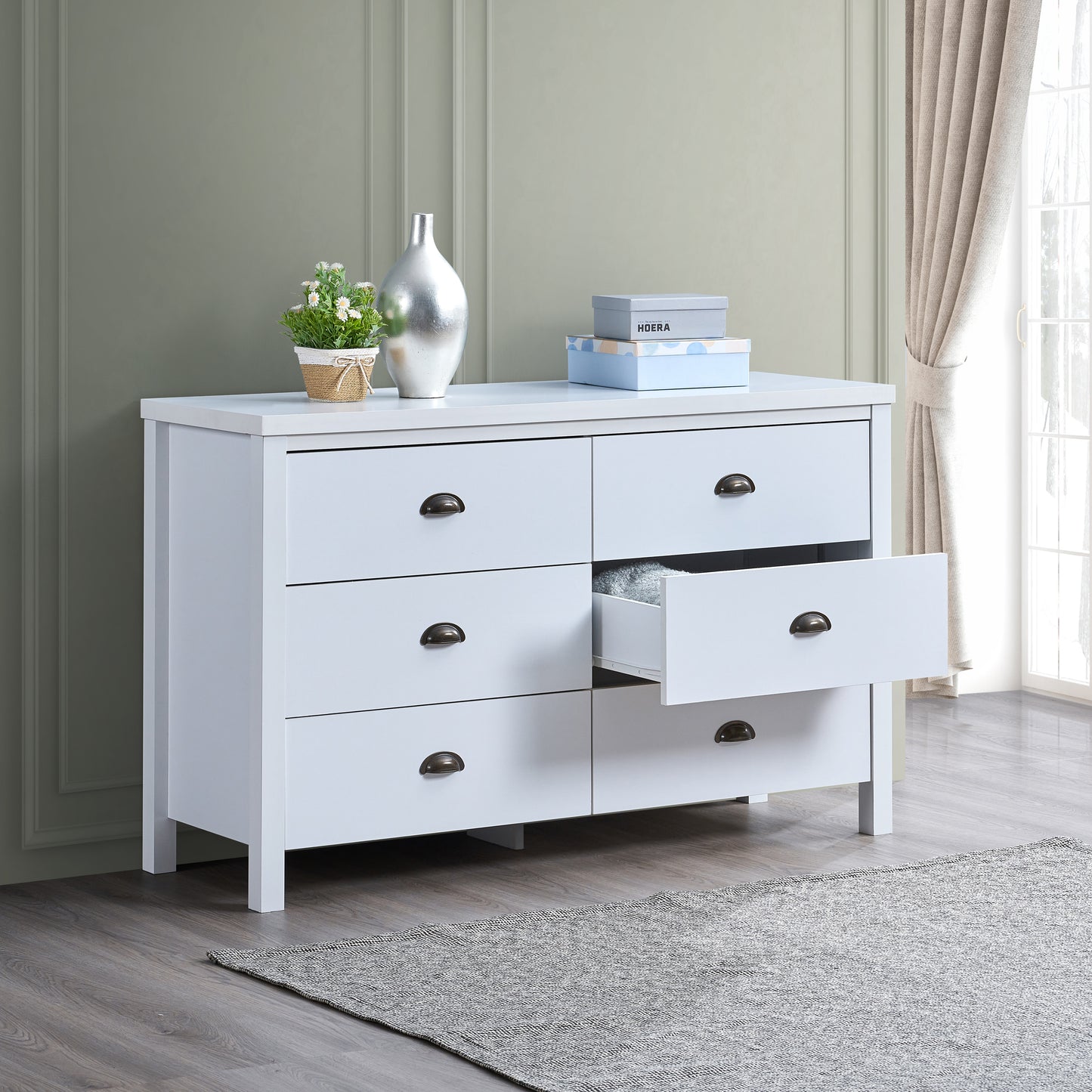 SAFARI 6-drawer main dressing table with interlocking drawer function, easy to assemble, classic white color