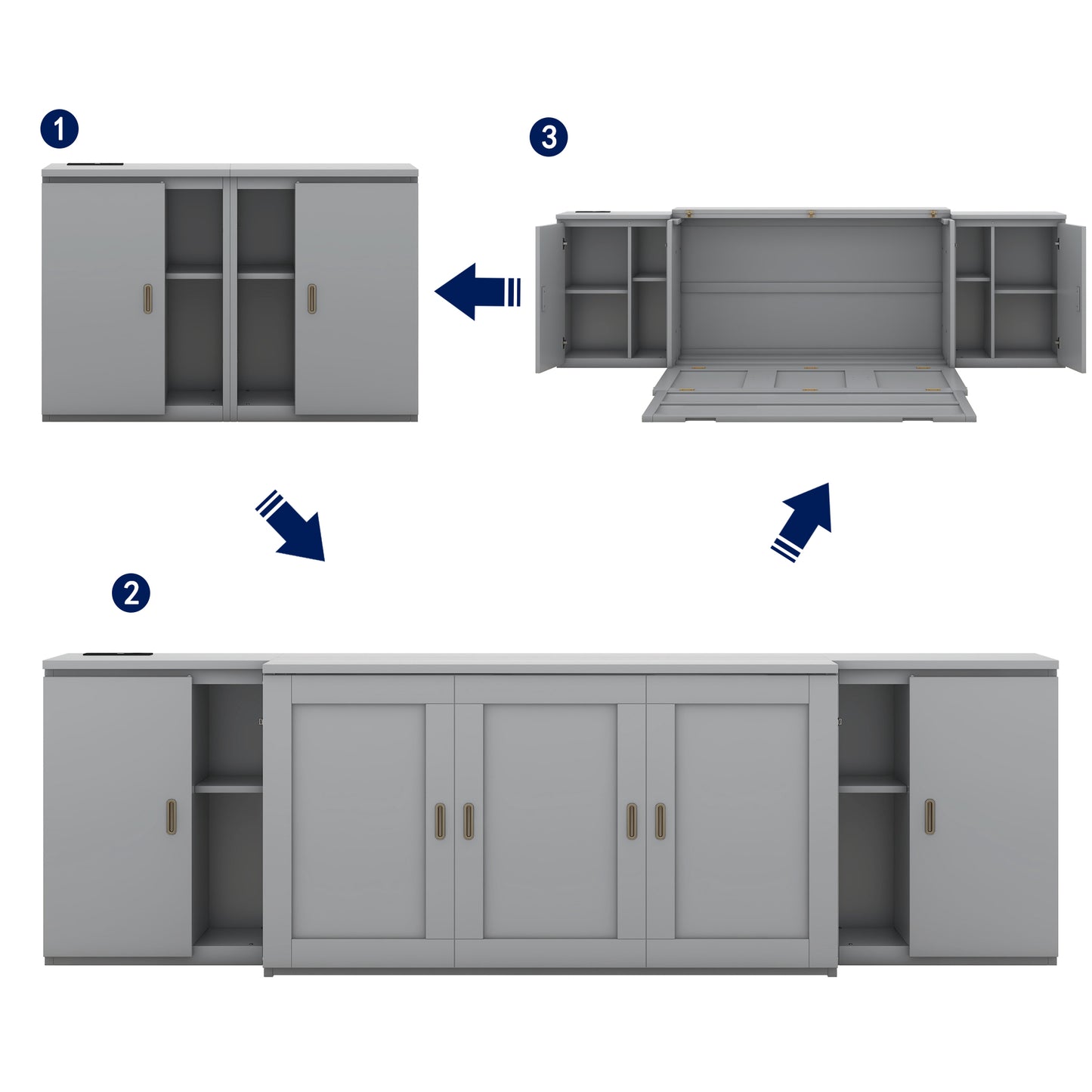 Cama plegable tamaño queen con estantes, gabinetes y puertos USB, acabado gris para dormitorios modernos