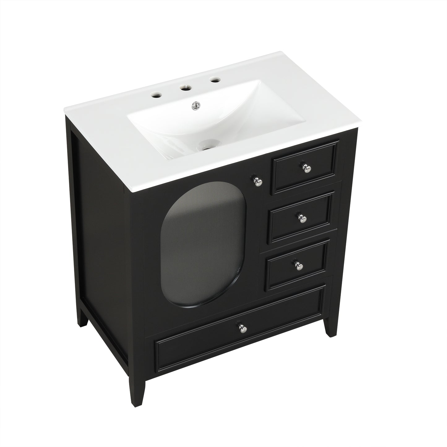 Bathroom Vanity with Sink, Bathroom Vanity Cabinet with Three Drawers and Door, Solid Wood and MDF, Black