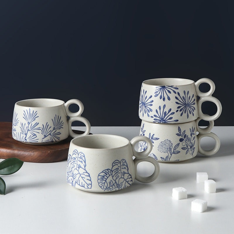 Hand-painted blue and white glazed mugs, retro rough pottery creative household water cups, underglaze colored coffee