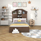 Twin Size Wood Platform Bed with House-shaped Storage Headboard and 2 Drawers Walnut