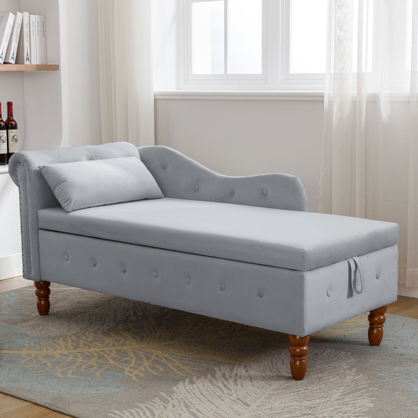 Sillón chaise longue gris de terciopelo para interiores con espacio de almacenamiento y almohada, diseño moderno tapizado con brazos enrollados