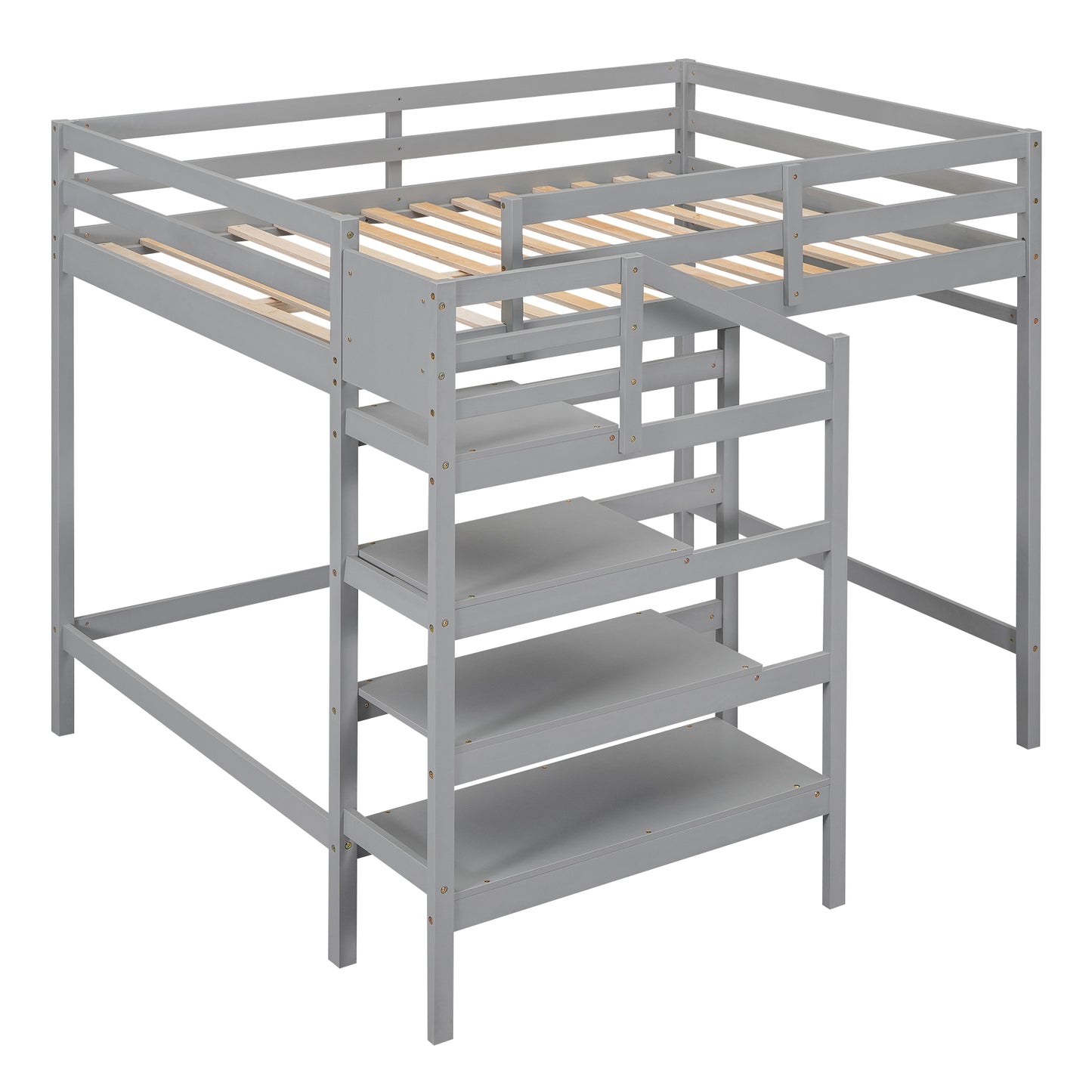 Full Size Loft Bed with Built-in Storage Staircase and Hanger for Clothes, Gray