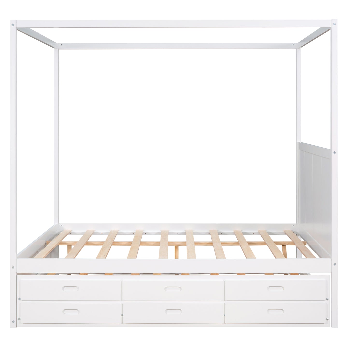 Queen Size Canopy Platform Bed with Twin Size Trundle and Three Storage Drawers White