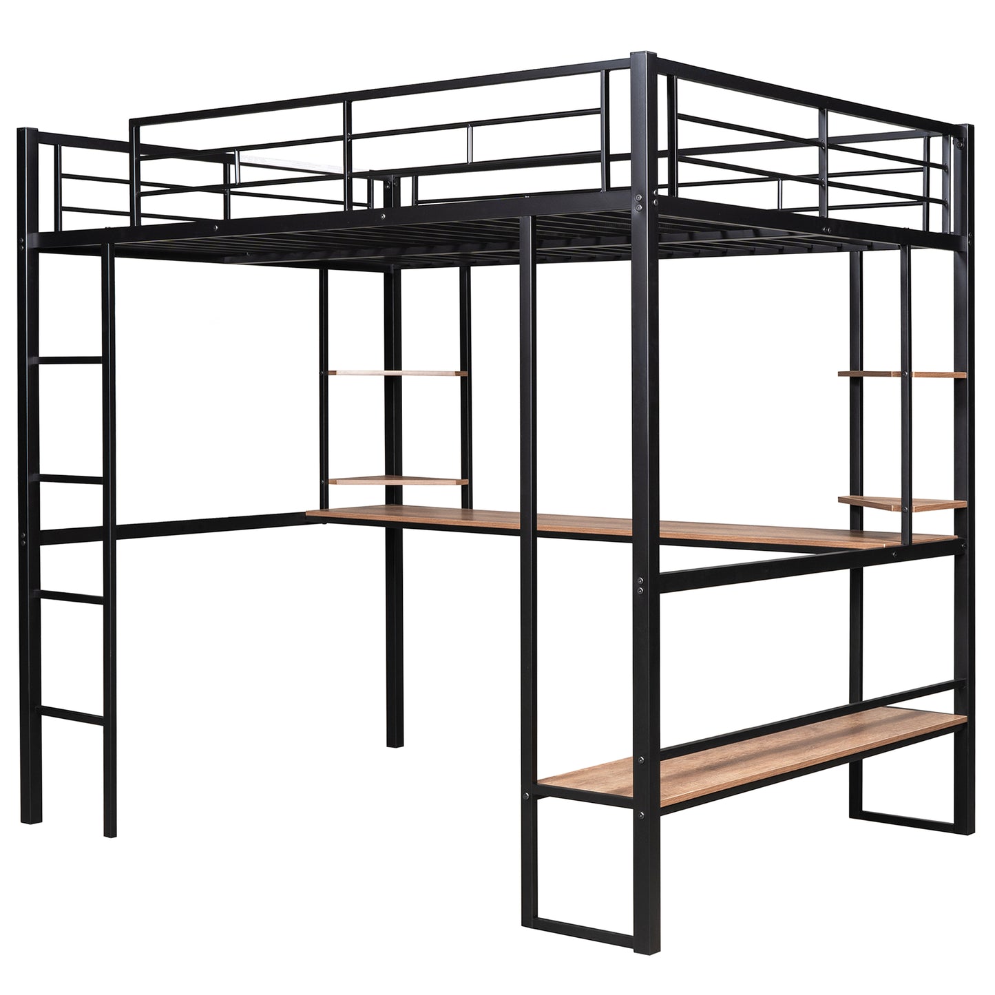 Full Size Loft Metal&MDF Bed with Long Desk and Shelves Black