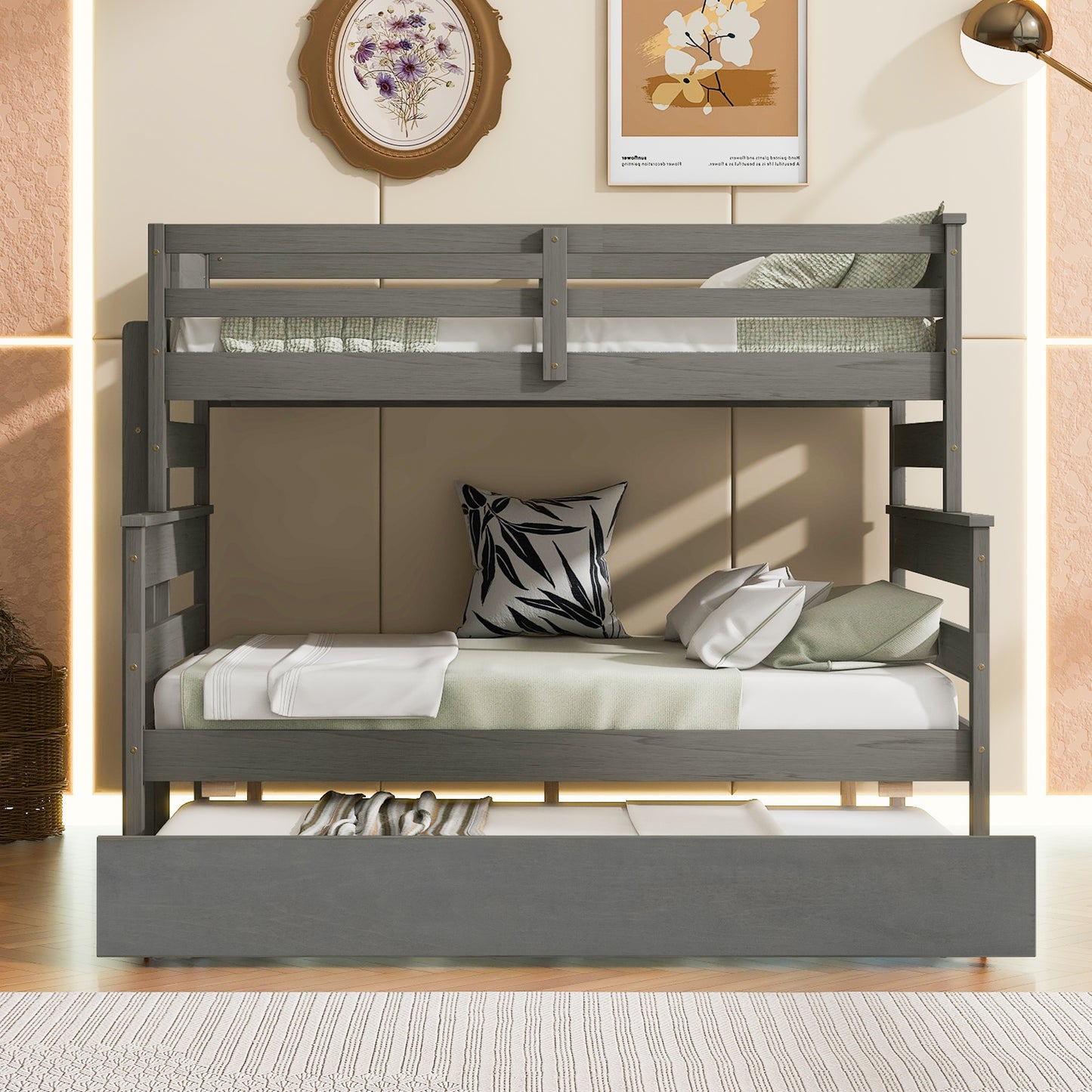 Wood Twin over Full Bunk Bed with Twin Size Trundle  Gray