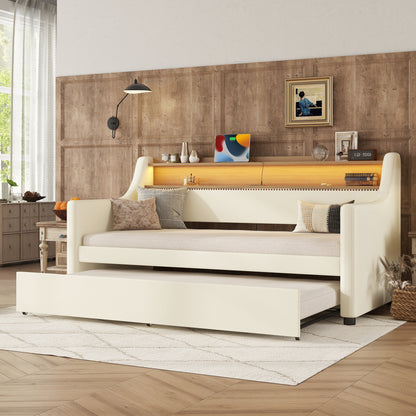 Twin Size Daybed with Trundle, Upholstered Daybed with Charging Station and LED Lights, White