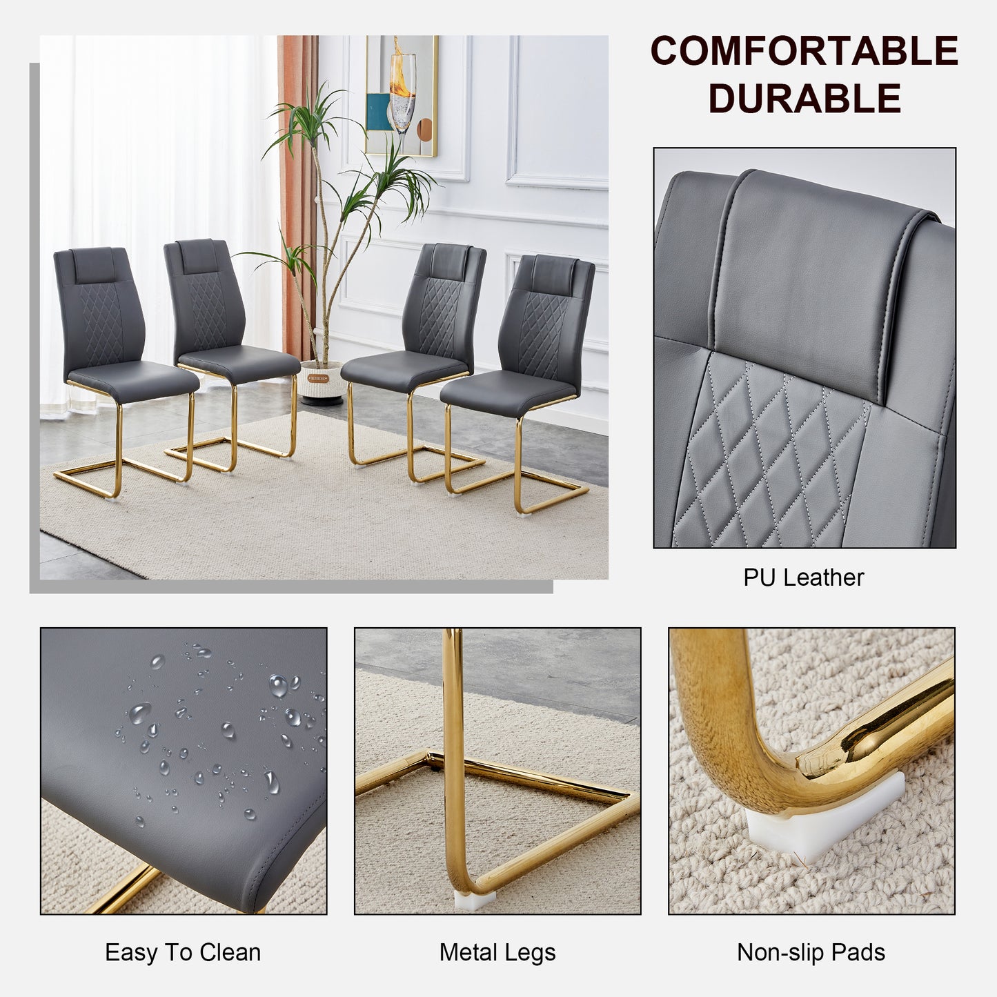 Comes with faux leather cushioned seats living room chairs with metal legs (gray+PU leather)