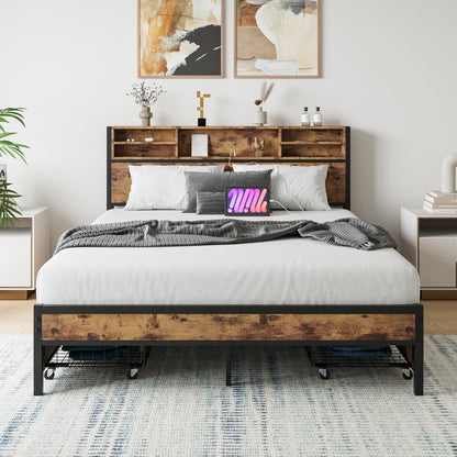 Queen Bed Frame with Storage Headboard and 4 Drawers, Modern Design for Bedrooms