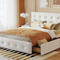 Upholstered Platform Bed with Classic Headboard and 4 Drawers No Box Spring Needed Linen Fabric Queen Size White