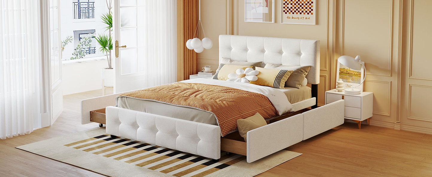 Upholstered Platform Bed with Classic Headboard and 4 Drawers No Box Spring Needed Linen Fabric Queen Size White