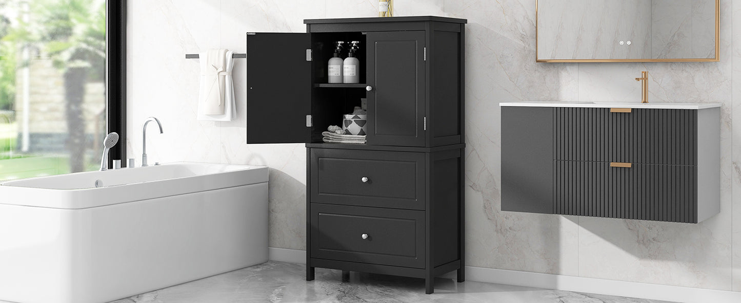 Bathroom Storage Cabinet, Cabinet with Two Doors and Drawers, Adjustable Shelf, MDF Board, Black