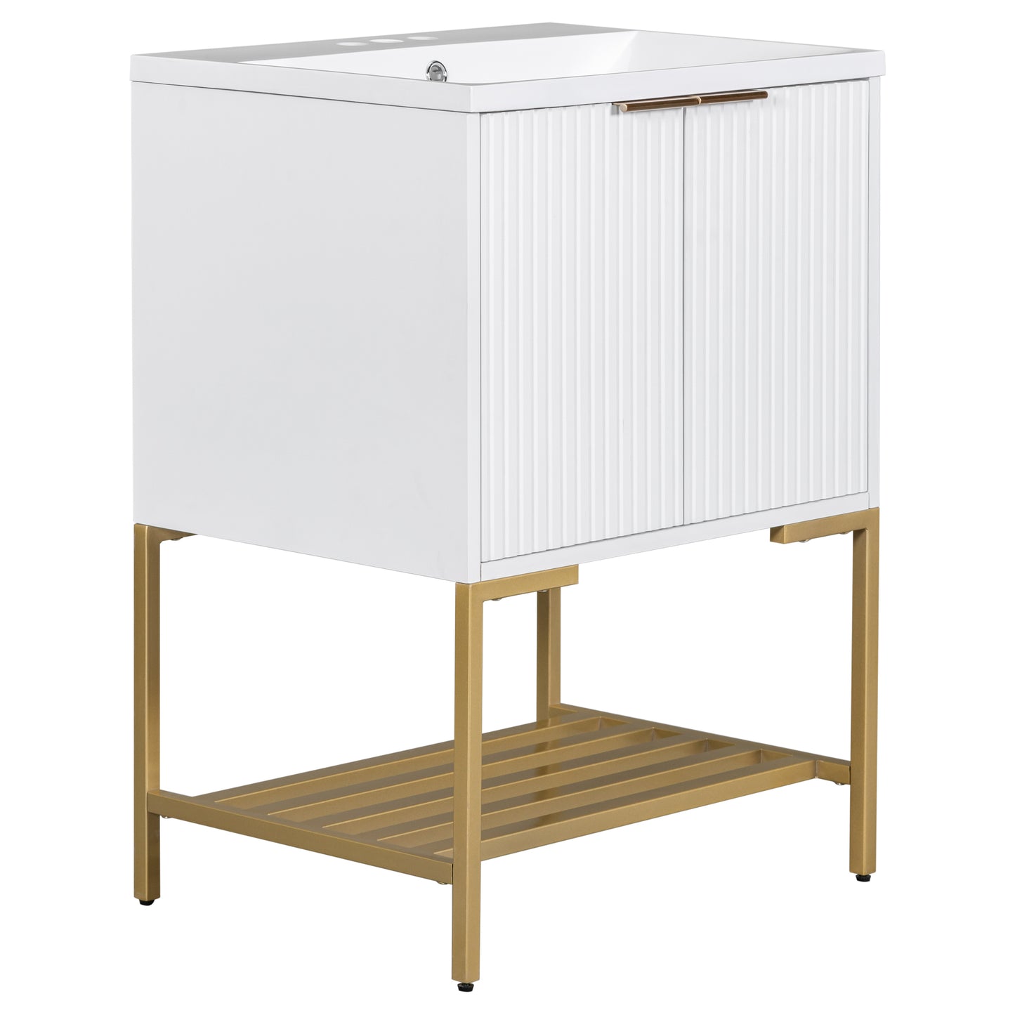 Bathroom Vanity with Sink, Bathroom Vanity Cabinet with Two Doors and Gold Metal Frame, Open Storage Shelf, White