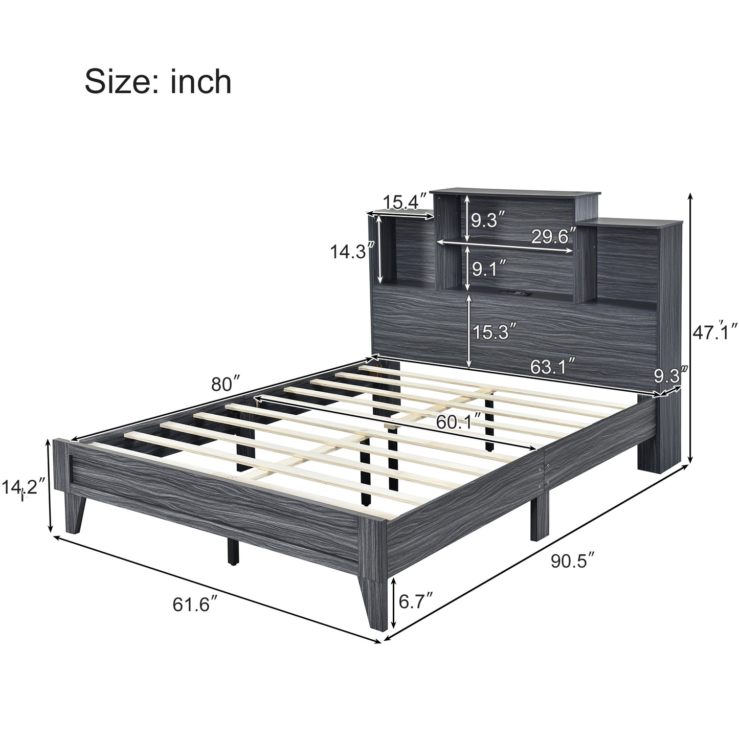 Queen Size Storage Platform Bed Frame with 4 Open Storage Shelves and USB Charging Design Gray