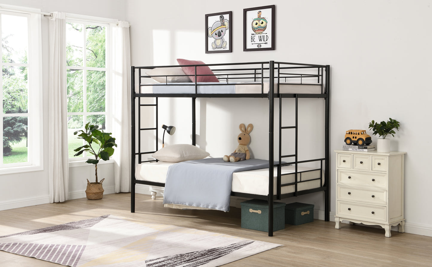 Cama de dos pisos con cama superior tamaño twin, 2 escaleras y barandilla de longitud completa, acabado negro