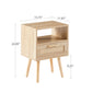 Rattan End table with drawer and solid wood legs Modern nightstand side table for living room natural