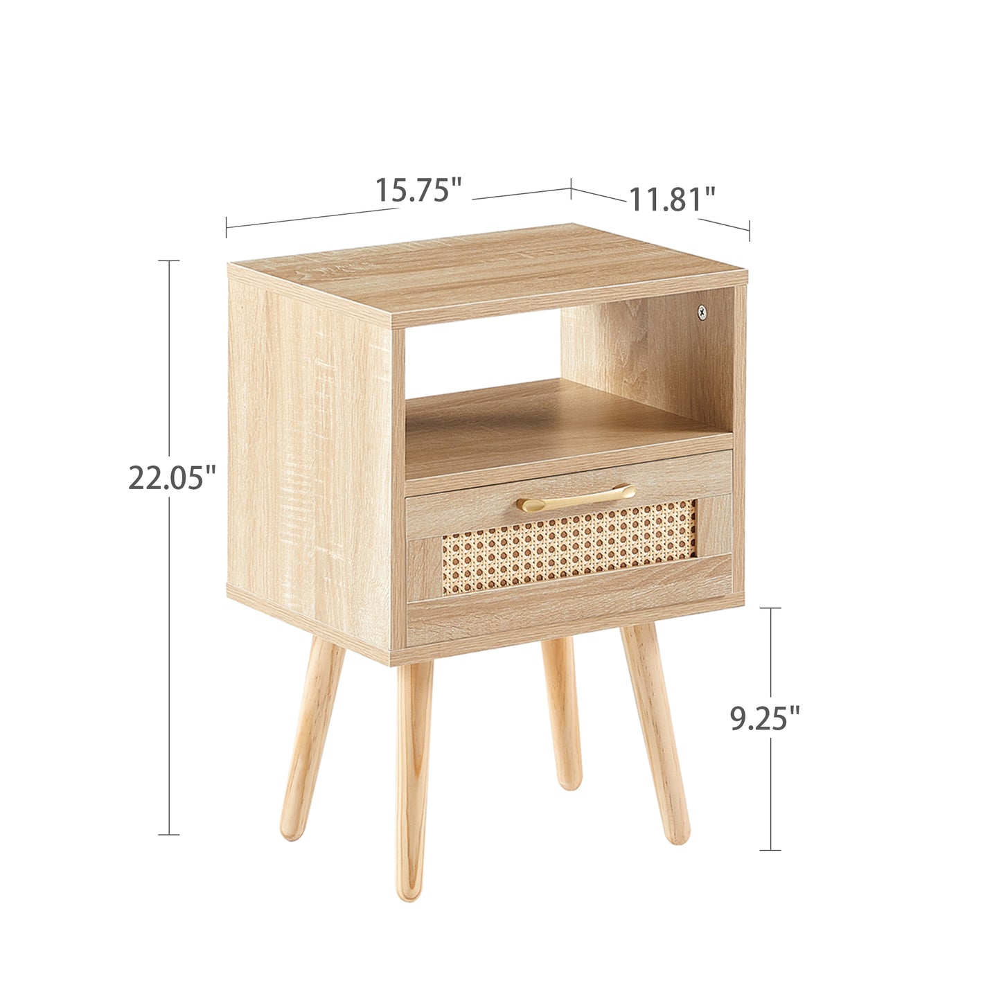 Rattan End table with drawer and solid wood legs Modern nightstand side table for living room natural