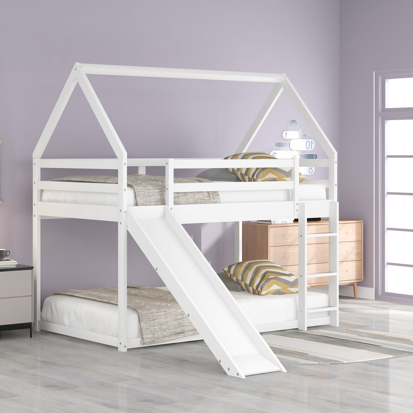 Twin Size Bunk House Bed with Slide and Ladder White