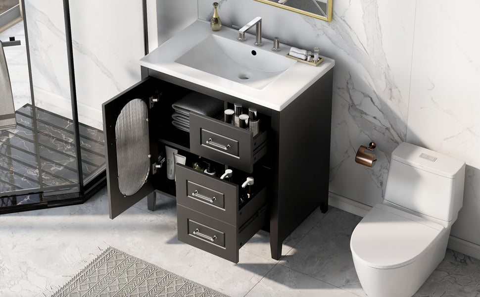 Bathroom Vanity with Sink, Bathroom Vanity Cabinet with Two Drawers and Door, Adjustable Shelf, Solid Wood and MDF, Black