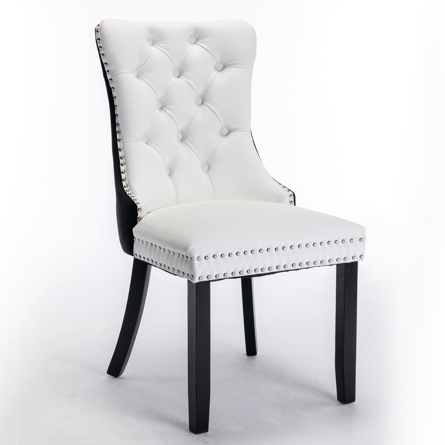 Tufted solid wood PU and velvet cushioned dining chairs with wooden leg nail head decoration 2-piece set in white and black