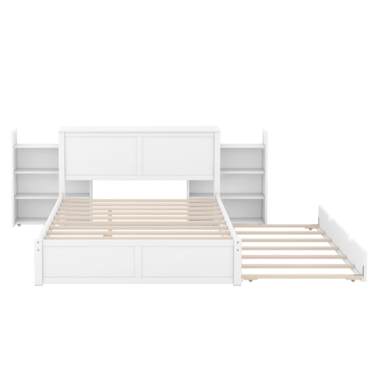 Queen Size Storage Platform Bed with Pull Out Shelves and Twin XL Size Trundle  White