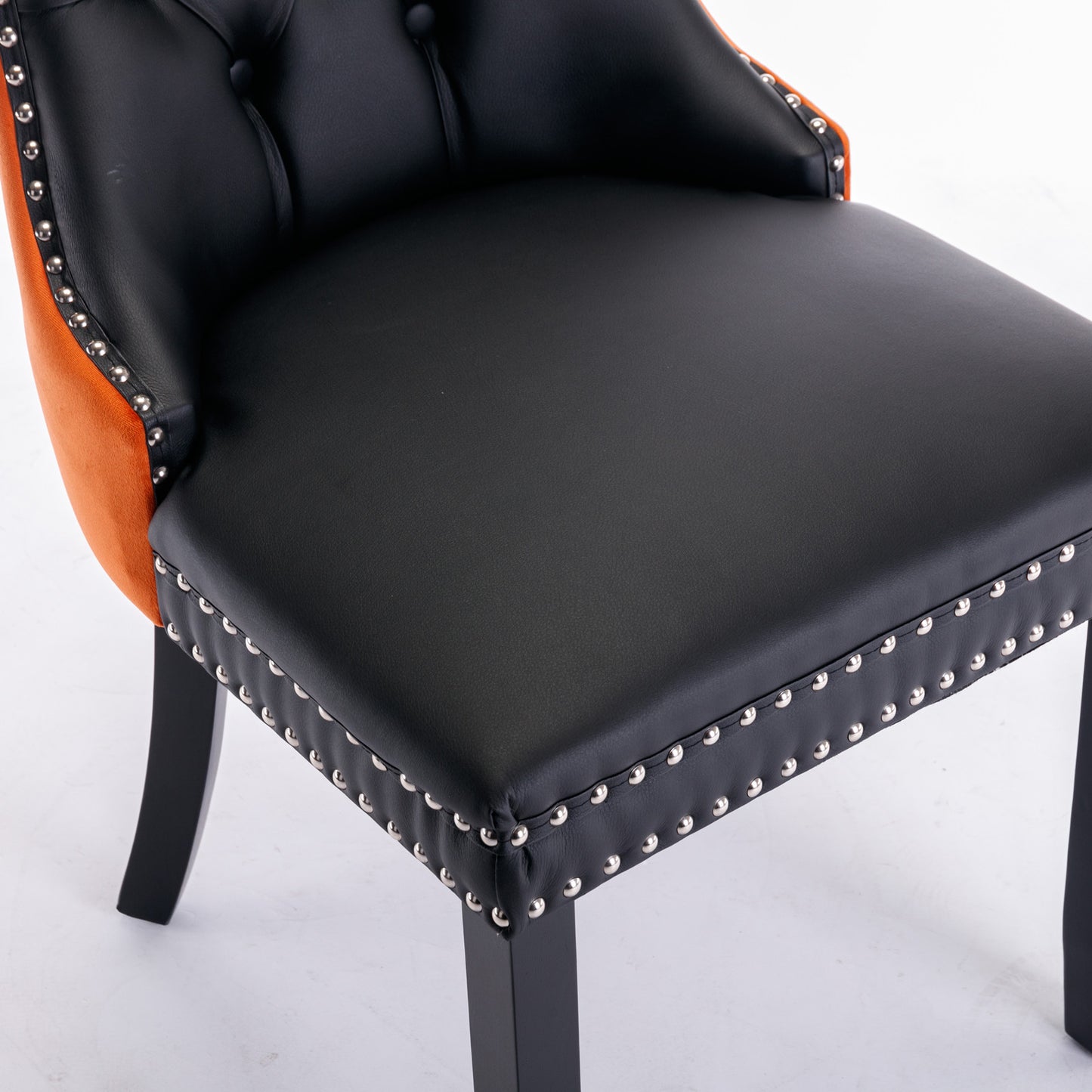 Tufted Solid Wood Contemporary PU and Velvet Upholstered Dining Chair with Wood Legs Nailhead Trim 2-Pcs Set Black+Orange