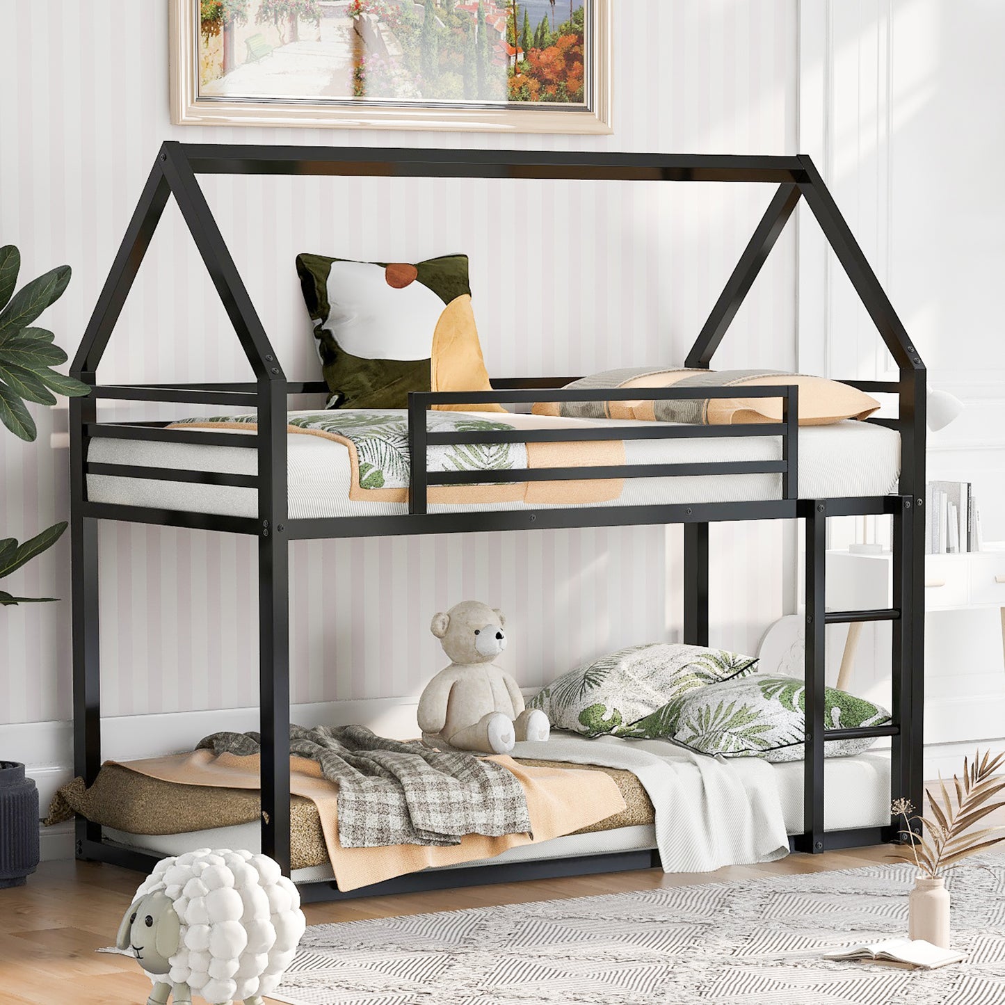 Twin over Twin House Bunk Bed with Built-in Ladder,Black