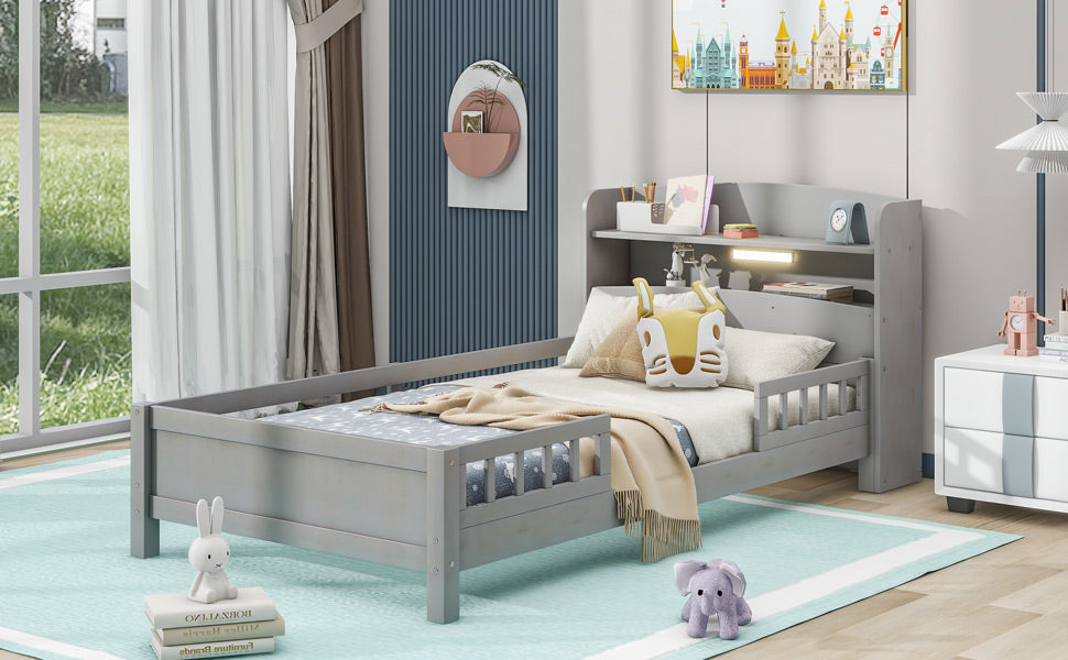 Wood Twin Size Platform Bed with Built-in LED Light  Storage Headboard and Guardrail Antique Grey