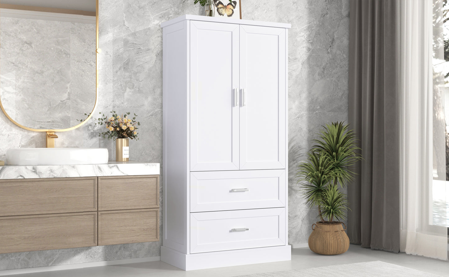 Mueble de baño alto con dos puertas y cajones, estante ajustable, tablero MDF, acabado blanco