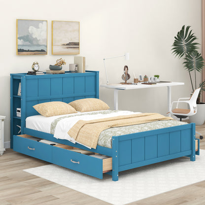 Full Platform Bed with Storage Shelves Blue