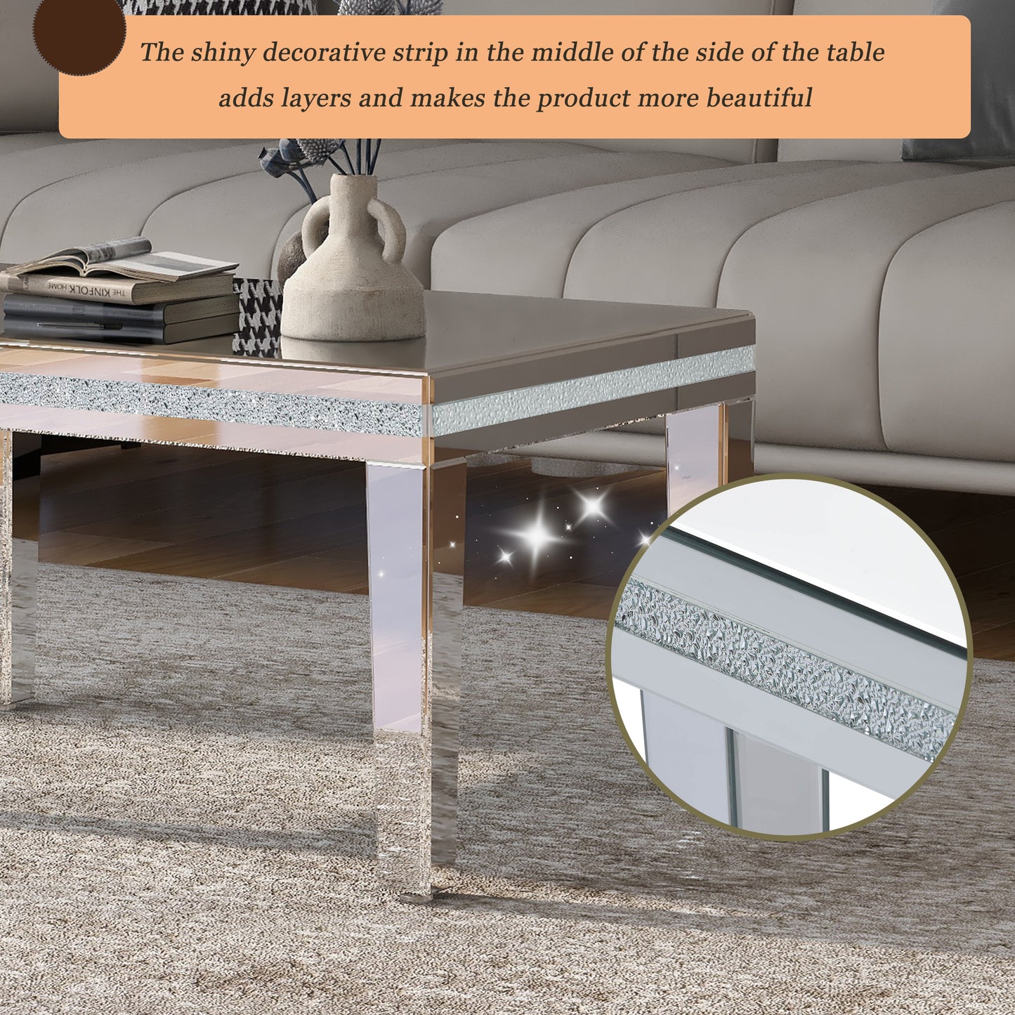 ON-TRANS Stylish Modern Glass Mirrored Coffee Table with Crystal Design and Adjustable Height Legs, Silver Finish