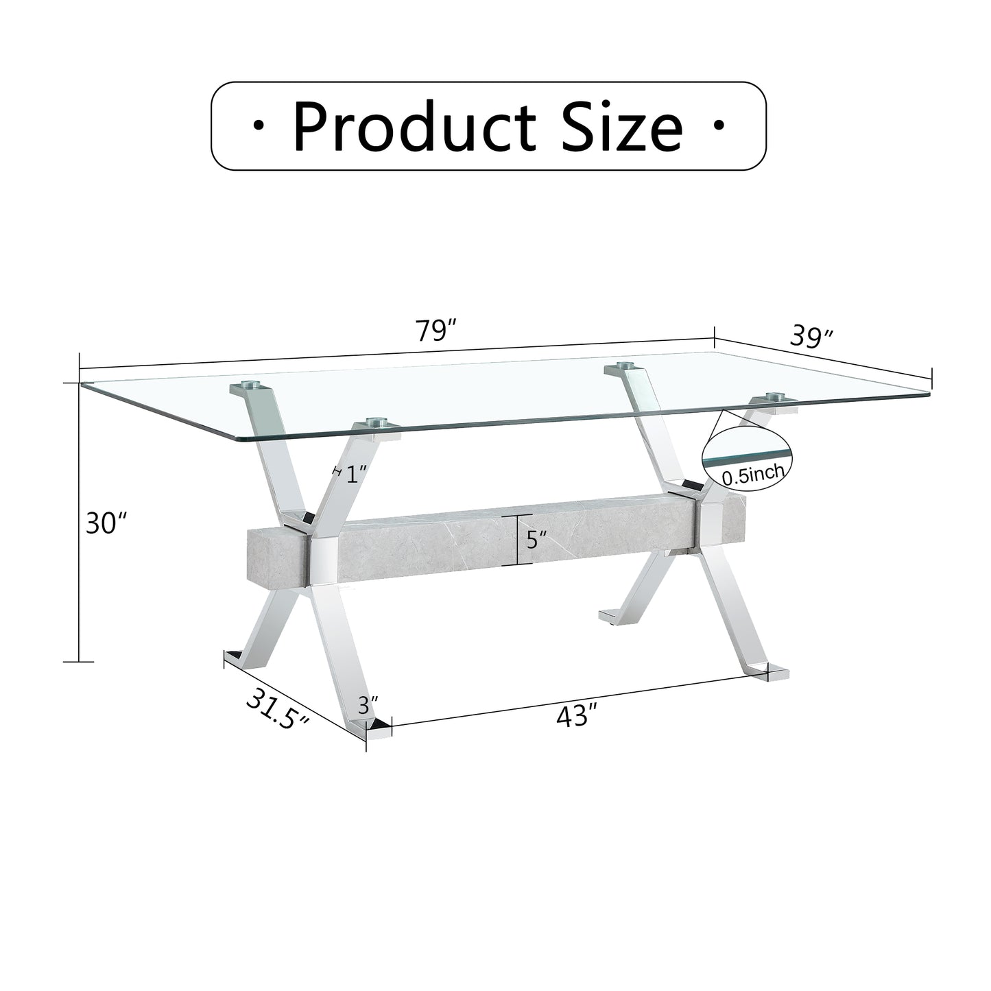 Modern Tempered Glass Dining Table, 79" x 39" x 30", Sleek Design for Dining Rooms