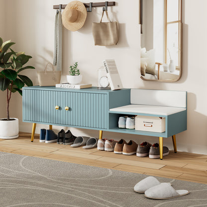 Modern Shoe Storage Bench with Hidden Storage and Upholstered Cushions, Tiffany Blue Finish