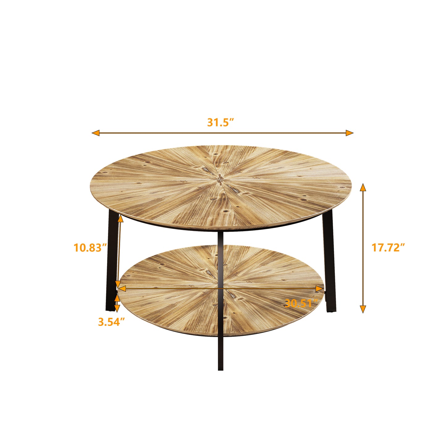 Round Coffee Table Stand Wooden Double Layer Coffee Table with Open Storage Space and Metal Table Legs