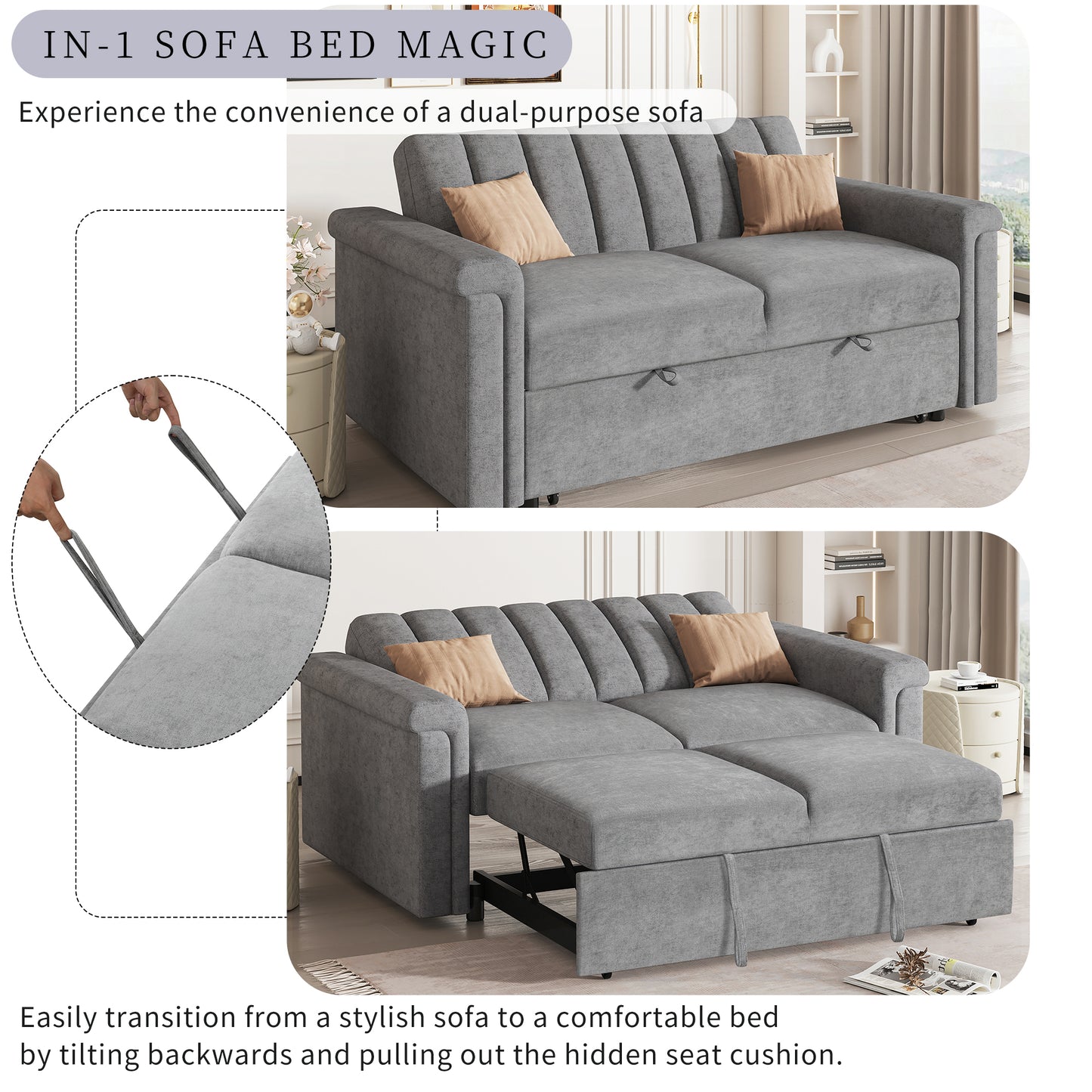 U_STYLE Convertible Soft Cushion Sofa Pull Bed ,for Two People to Sit On