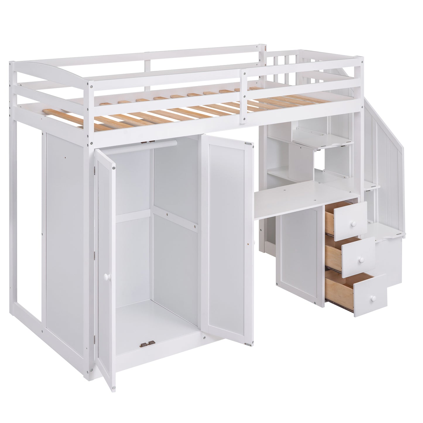 Twin Size Loft Bed with Wardrobe and Staircase, Desk and Storage Drawers and Cabinet in 1  White