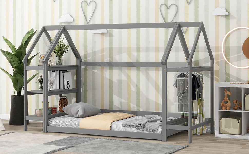 Twin House-Shaped Floor Bed with 2 Detachable Stands Grey