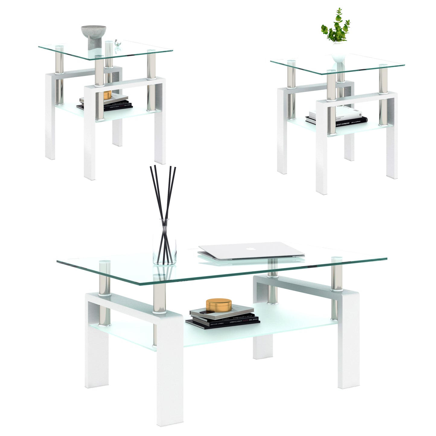 Set of 2 Modern Tempered Glass Tea Tables, Square Design for Living Rooms, Transparent/White